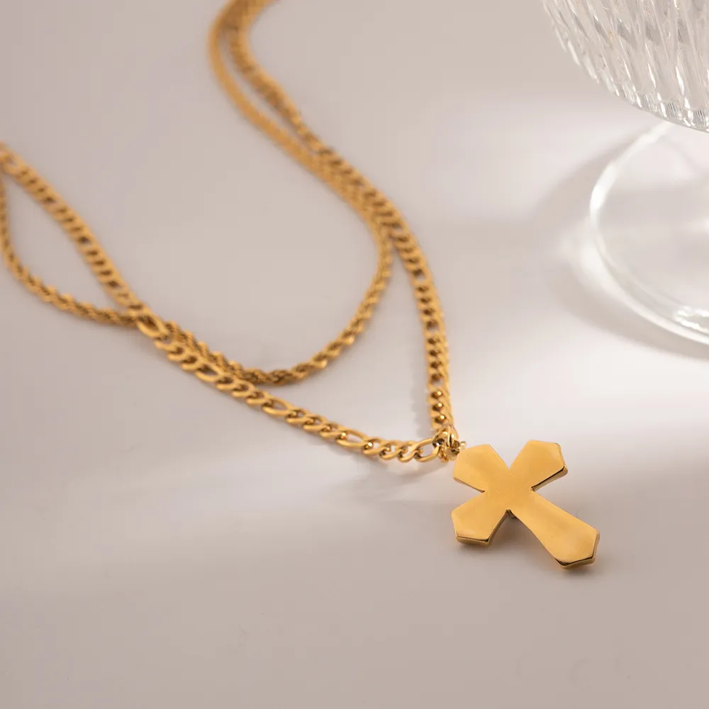 18K Gold-Plated Double Layered Cross Necklace - Image 4