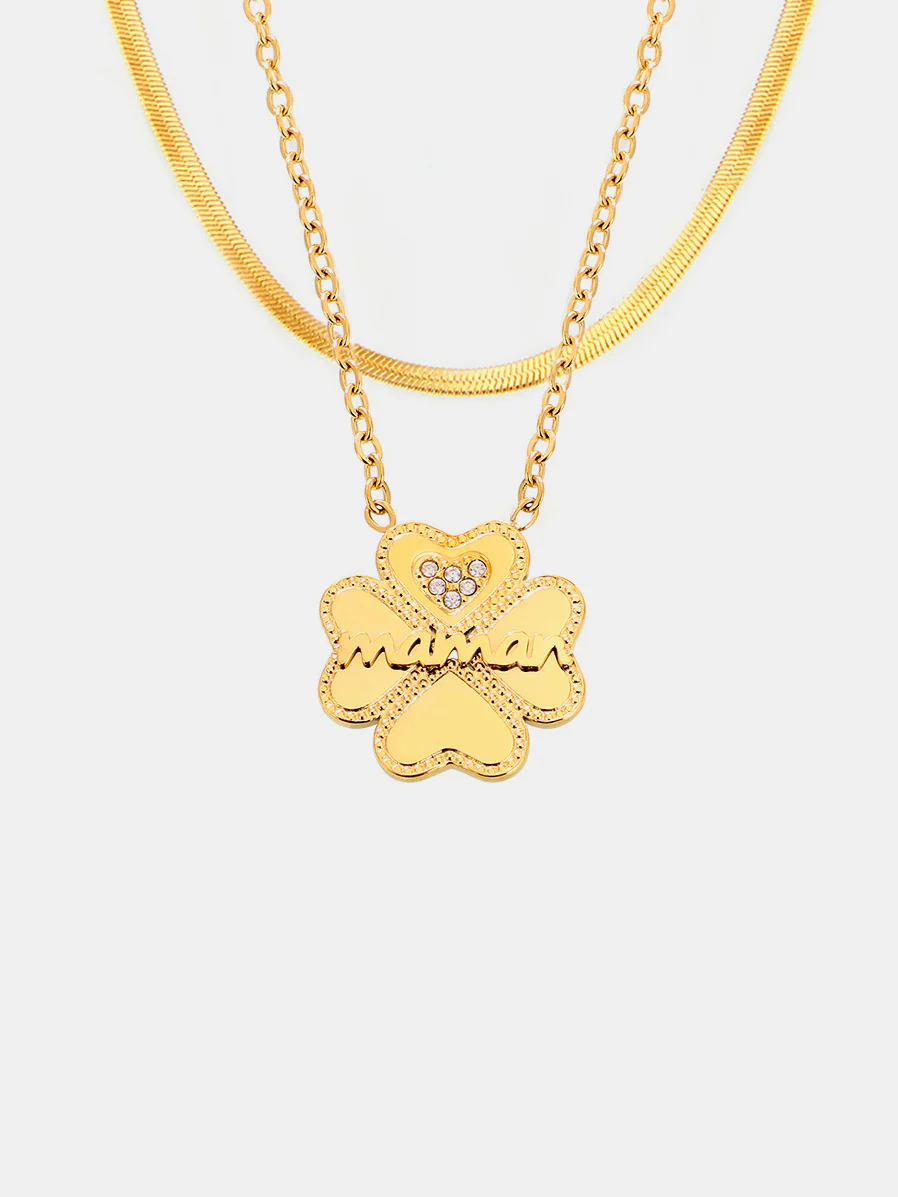 2 Piece 18K Gold-Plated Inlaid Zircon Lucky Clover Necklace - Image 3