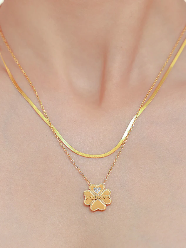 2 Piece 18K Gold-Plated Inlaid Zircon Lucky Clover Necklace - Image 4
