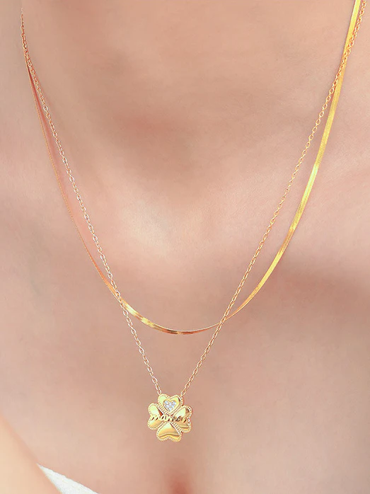 2 Piece 18K Gold-Plated Inlaid Zircon Lucky Clover Necklace - Image 5