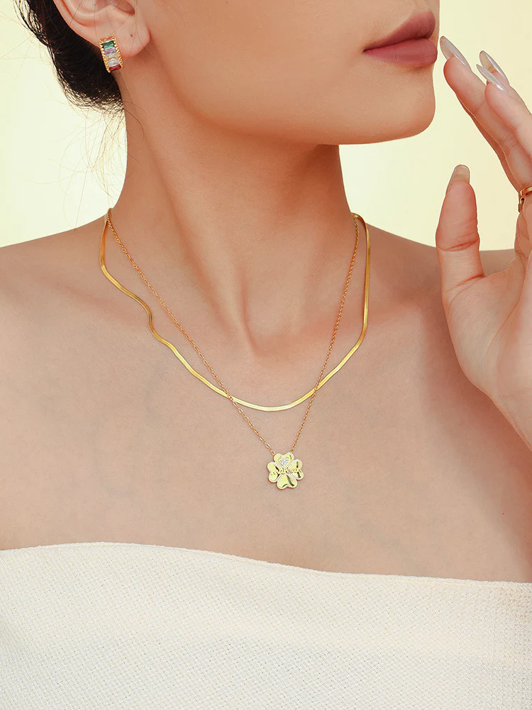 2 Piece 18K Gold-Plated Inlaid Zircon Lucky Clover Necklace - Image 6