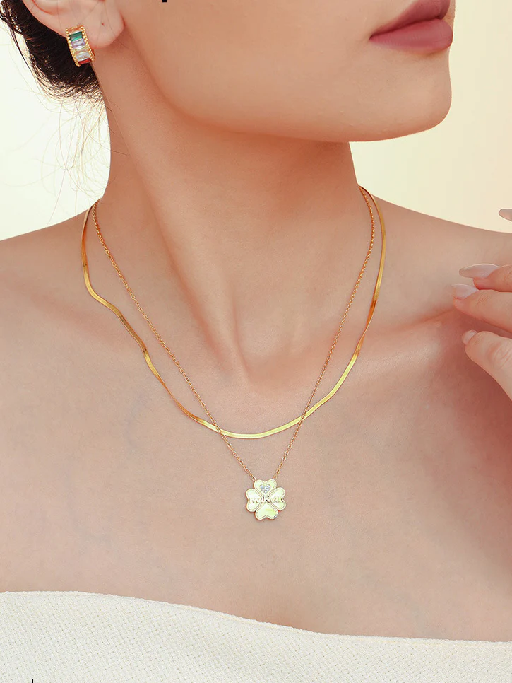2 Piece 18K Gold-Plated Inlaid Zircon Lucky Clover Necklace - Image 8