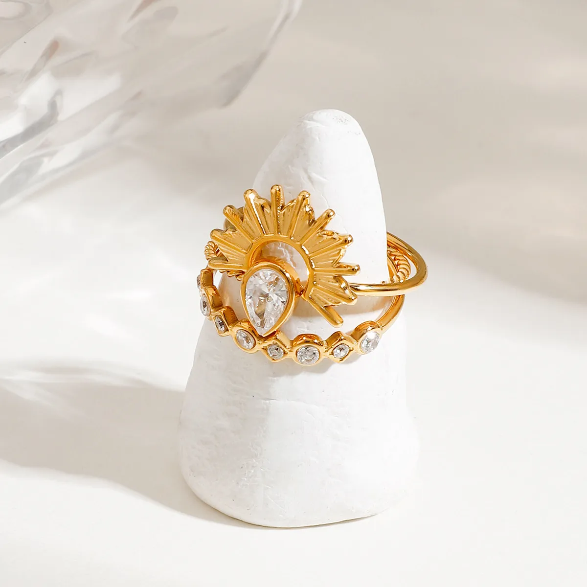 3 Piece Stainless Steel Rhinestone Sunburst Crown Ring - Image 3