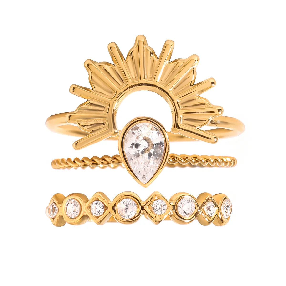 3 Piece Stainless Steel Rhinestone Sunburst Crown Ring - Image 5
