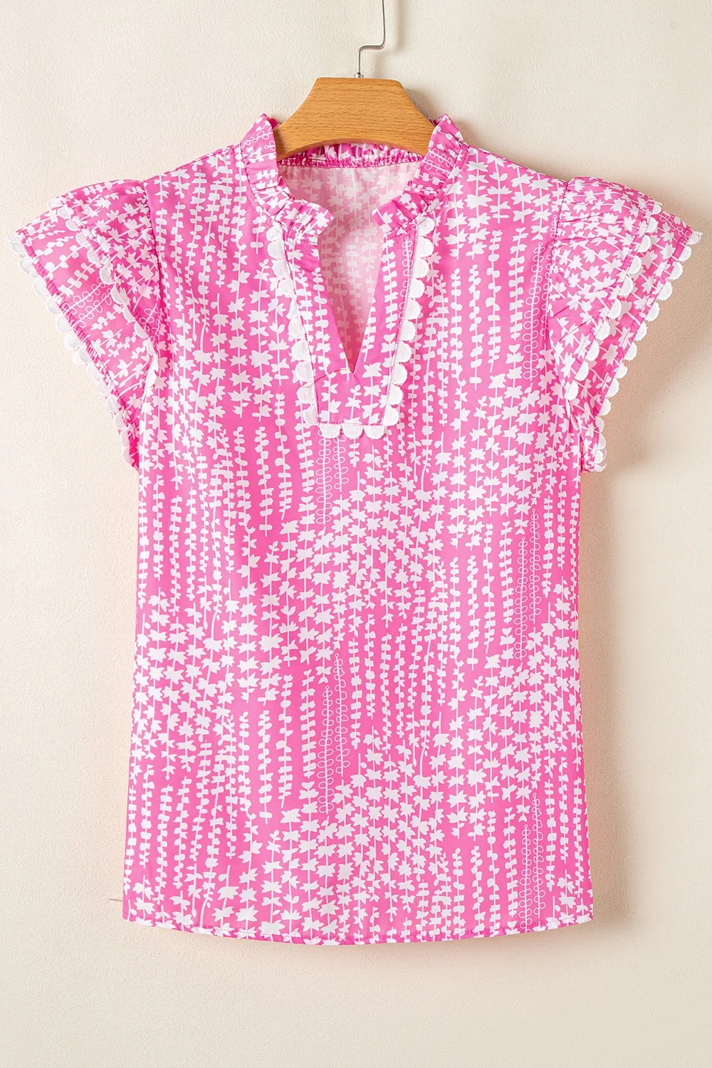 Abstract Print Ric Rac Trim Flutter Sleeve Notched Blouse - Image 5