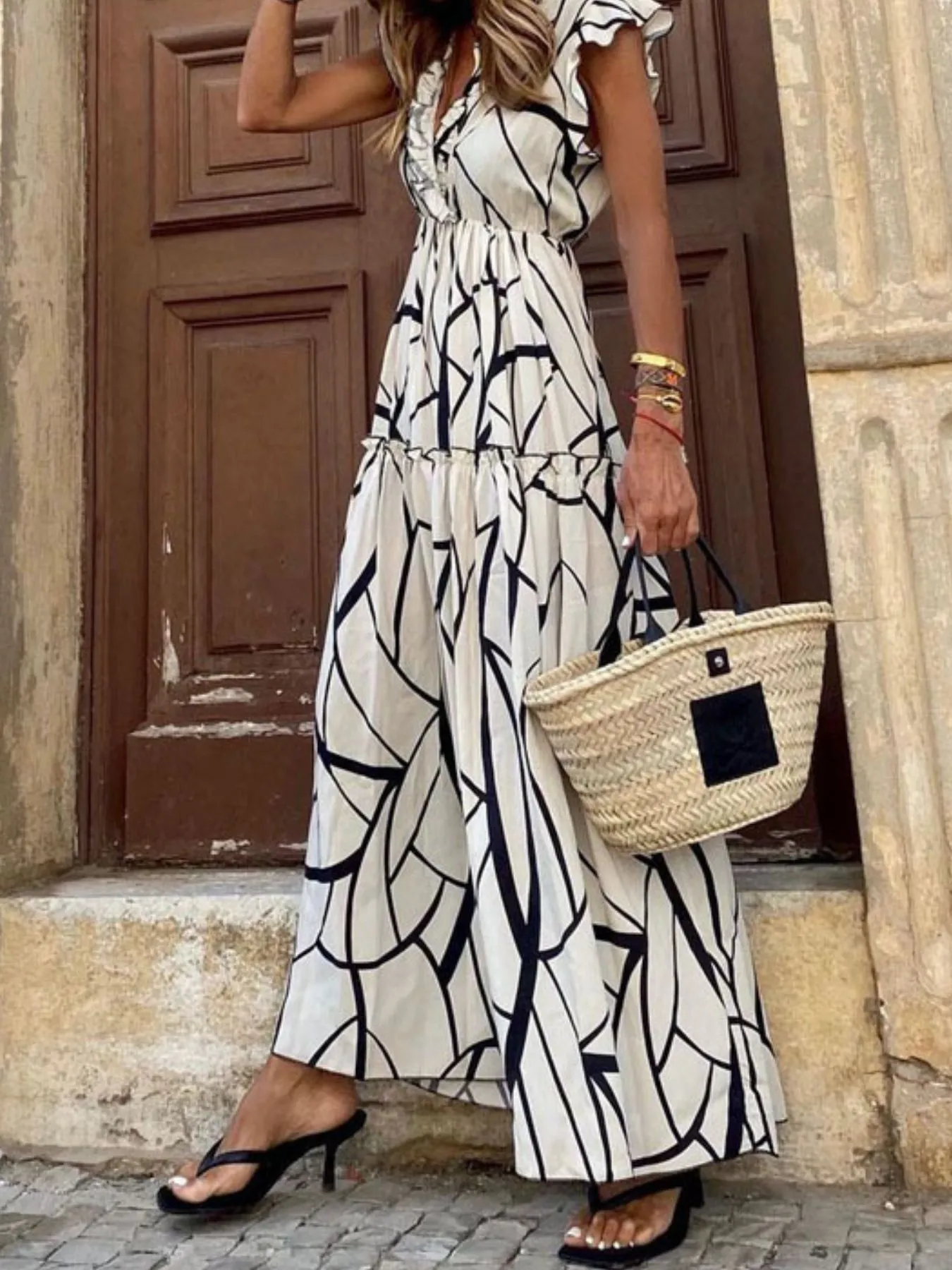 Abstract Print Ruffle Sleeve V-Neck Midi Dress - Image 2
