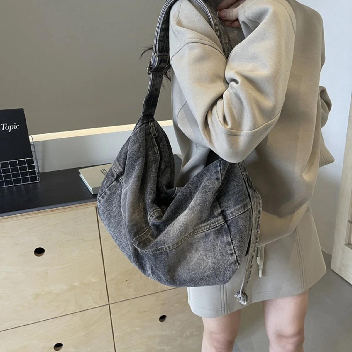 Adjustable Strap Denim Tote Bag - Image 10