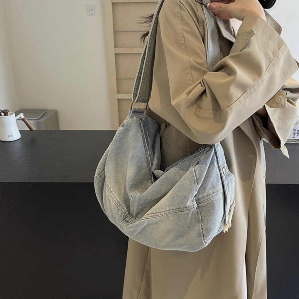 Adjustable Strap Denim Tote Bag - Image 6