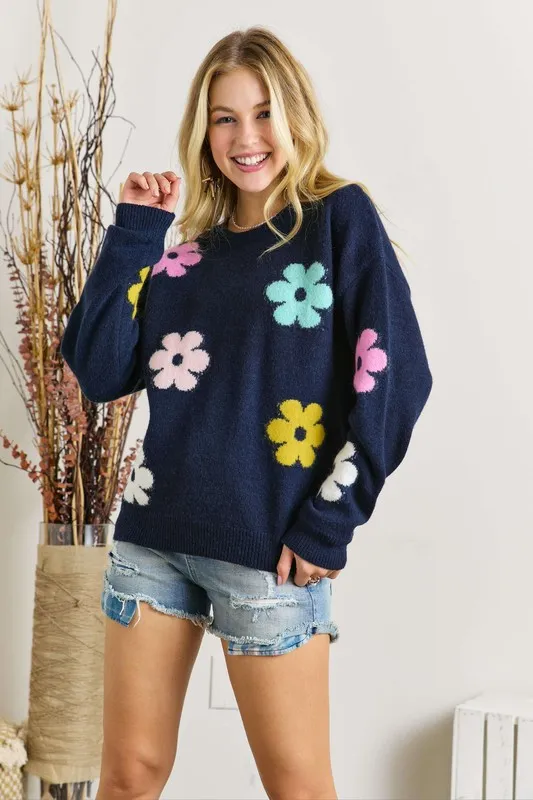 ADORA Full Size Flower Popped Sweater Plus Size - Image 5