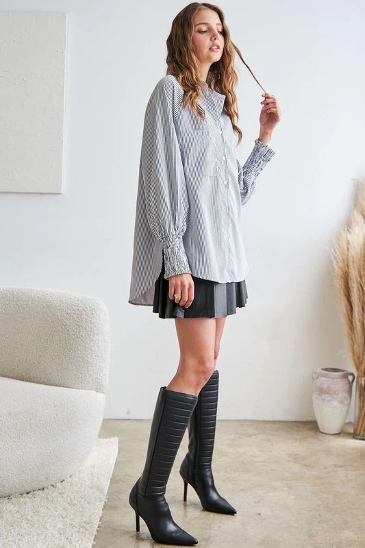 ADORA High-Low Striped Button Down Smocked Lantern Sleeve Shirt - Image 6