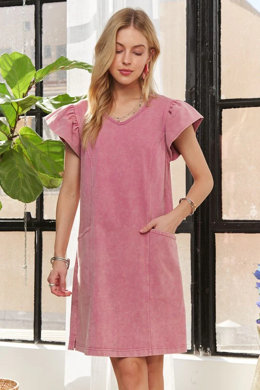 ADORA Mineral Washed V-Neck Ruffled Cap Sleeve Dress - Image 3
