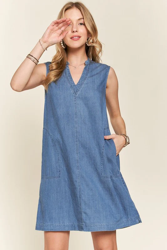ADORA Notched Sleeveless Denim Dress with Pockets - Image 2