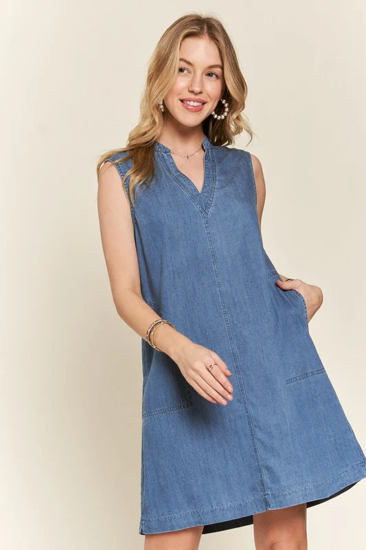 ADORA Notched Sleeveless Denim Dress with Pockets - Image 3