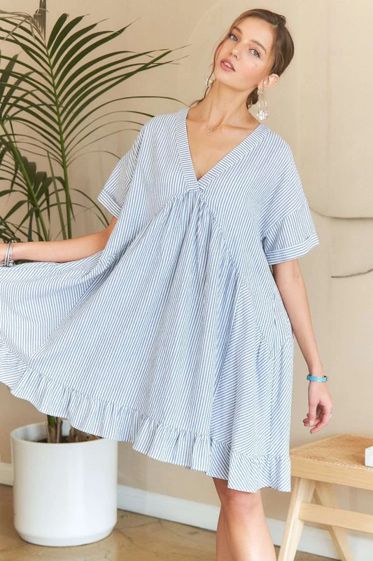 ADORA Ruffled Hem Striped V-Neck Babydoll Dress - Image 4