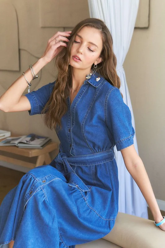 ADORA Tiered Button Down Tie Waist Short Sleeve Denim Dress - Image 6