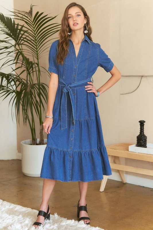 ADORA Tiered Button Down Tie Waist Short Sleeve Denim Dress - Image 8