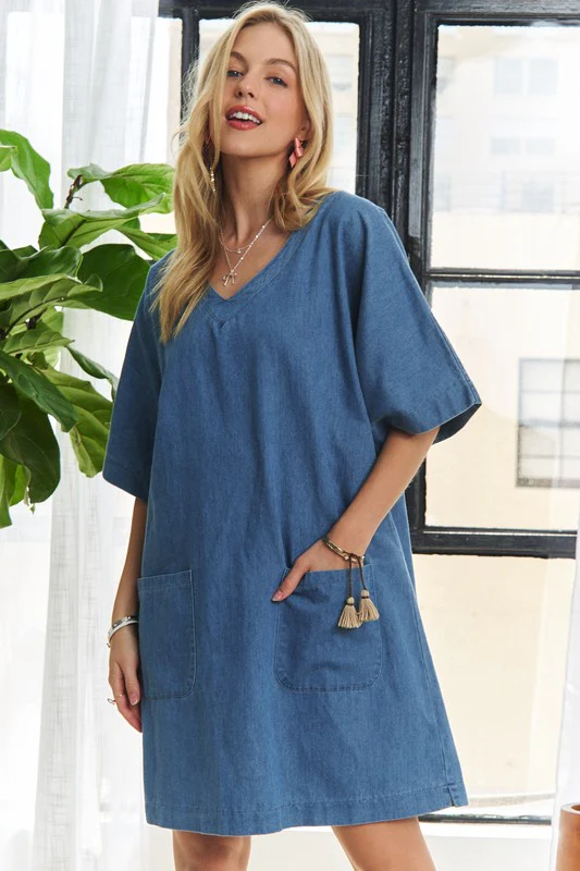 ADORA V-Neck Half Sleeve Mini Denim Dress - Image 2