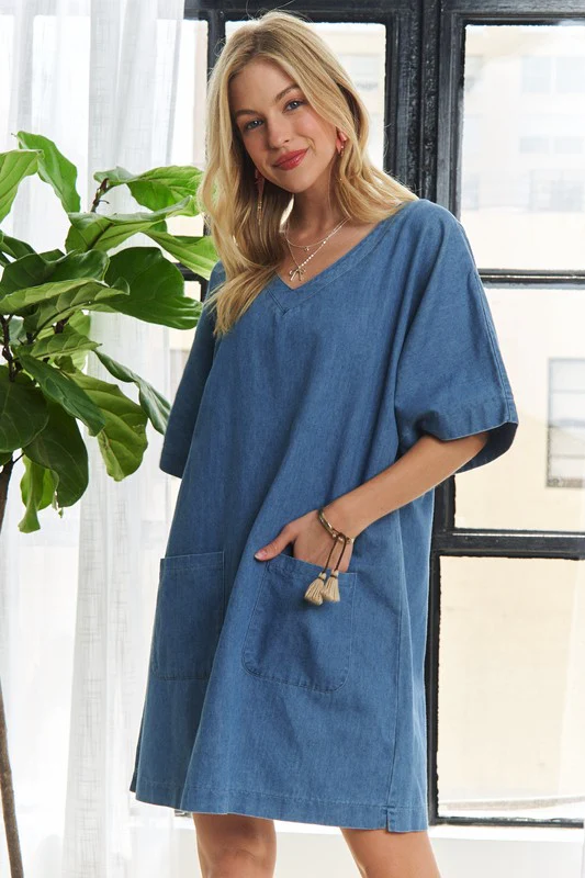 ADORA V-Neck Half Sleeve Mini Denim Dress - Image 3