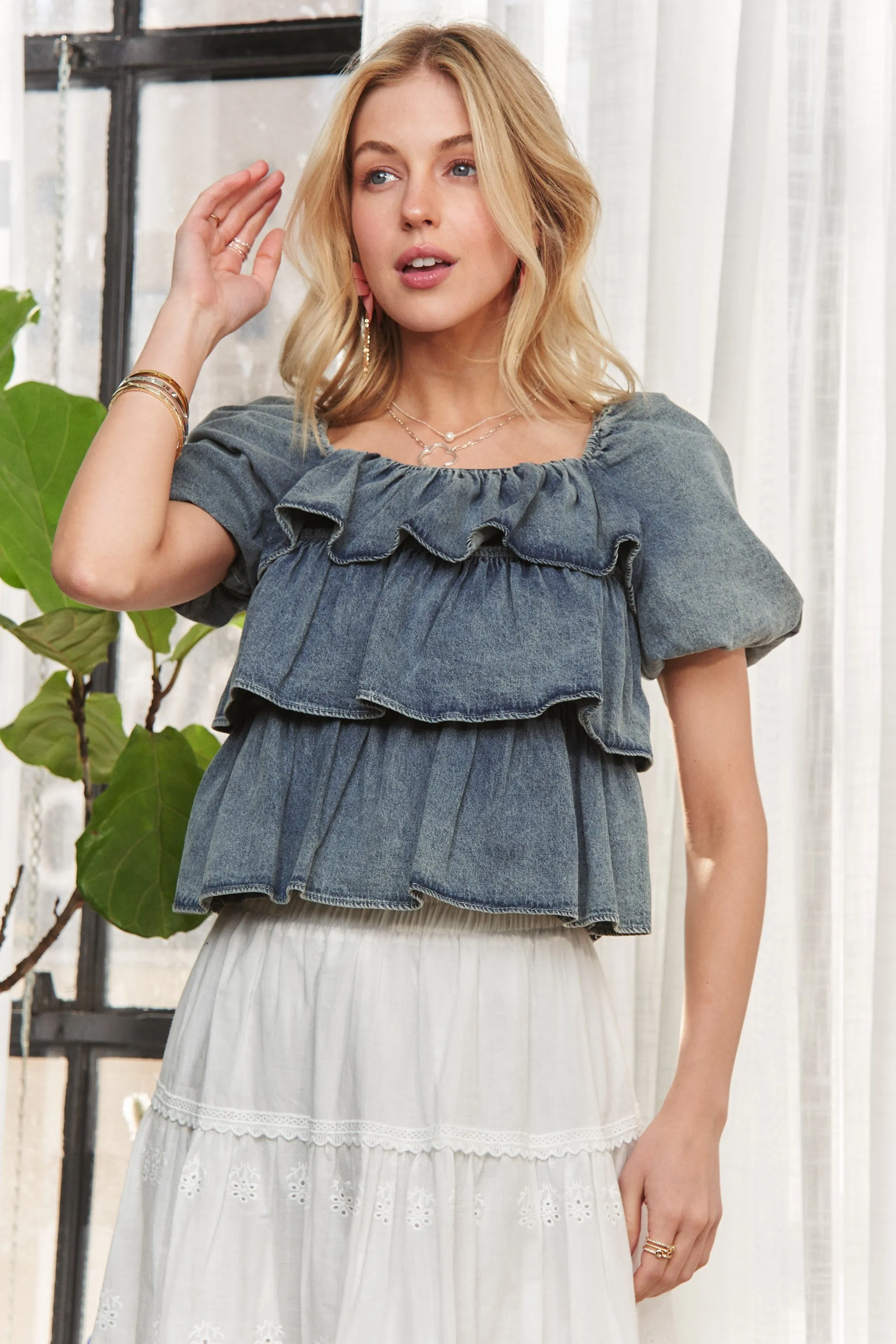 ADORA Washed Denim Layered Ruffle Blouse - Image 3