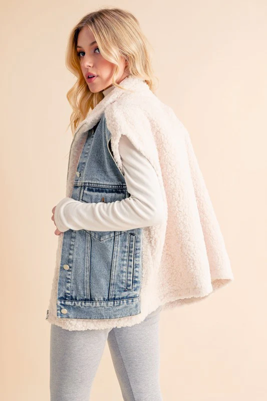 Aemi + Co Fake Two Pieces Denim Patch Sherpa Vest Coat - Image 6