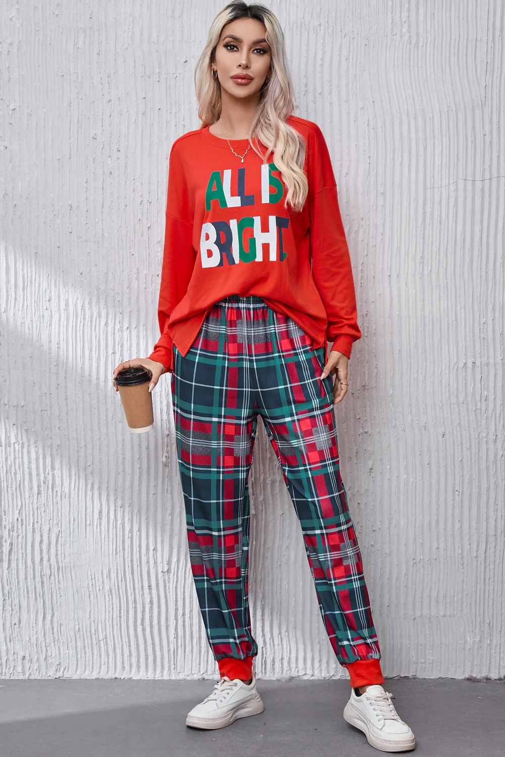 ALL IS BRIGHT Round Neck Top and Plaid Pants Lounge Set - Image 5