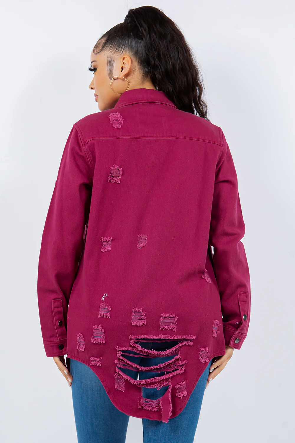 American Bazi Distressed Button Up Long Sleeve Denim Jacket - Image 2