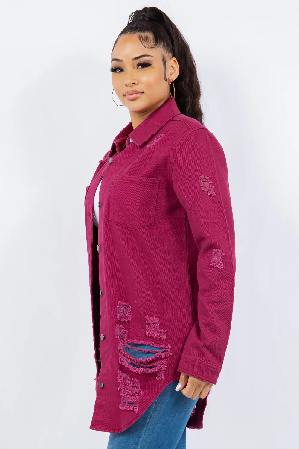 American Bazi Distressed Button Up Long Sleeve Denim Jacket - Image 3