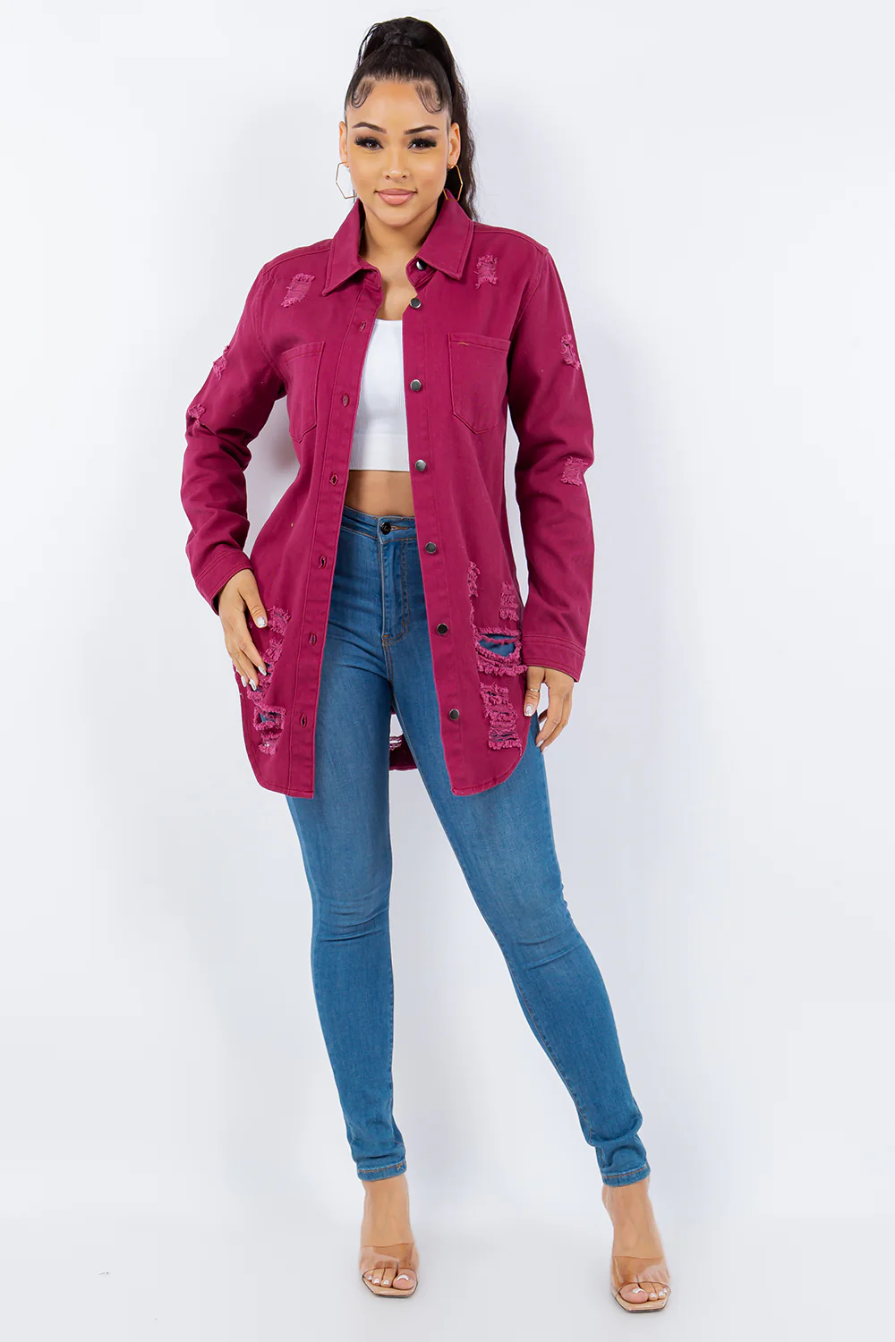 American Bazi Distressed Button Up Long Sleeve Denim Jacket - Image 4
