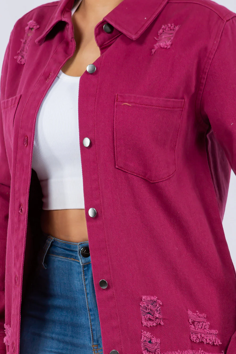 American Bazi Distressed Button Up Long Sleeve Denim Jacket - Image 5