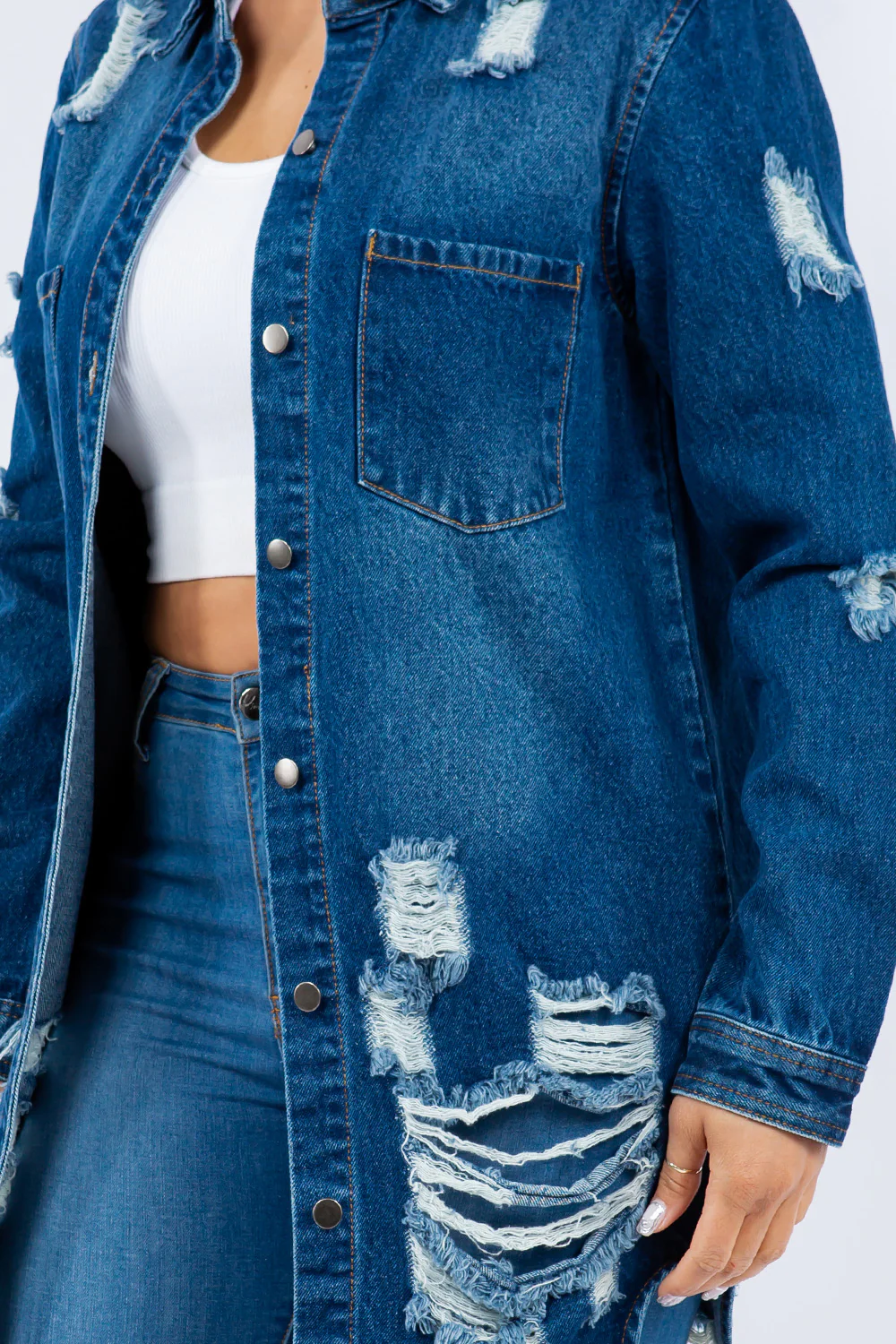 American Bazi Distressed Button Up Long Sleeve Denim Jacket - Image 5