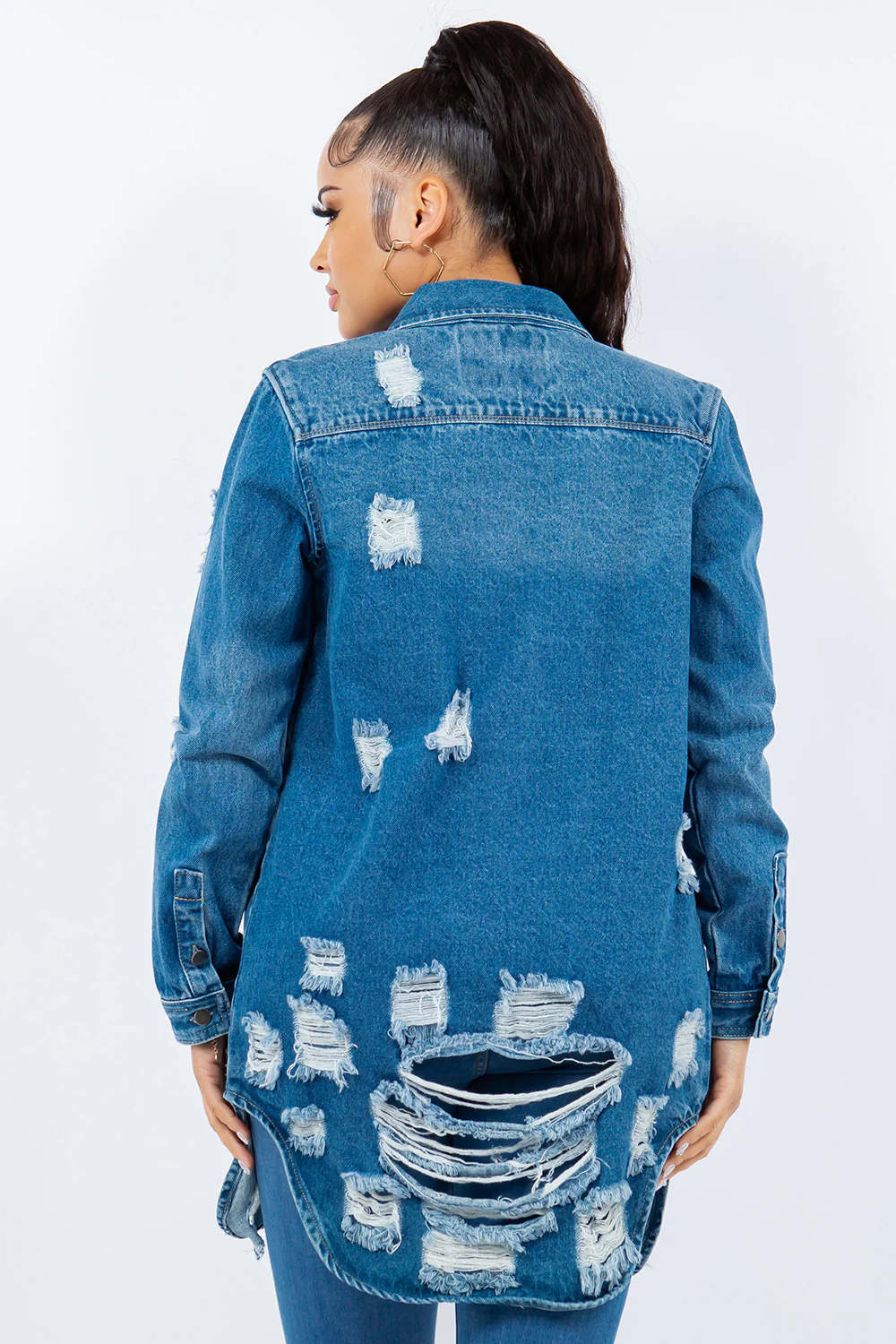 American Bazi Distressed Button Up Long Sleeve Denim Jacket - Image 2