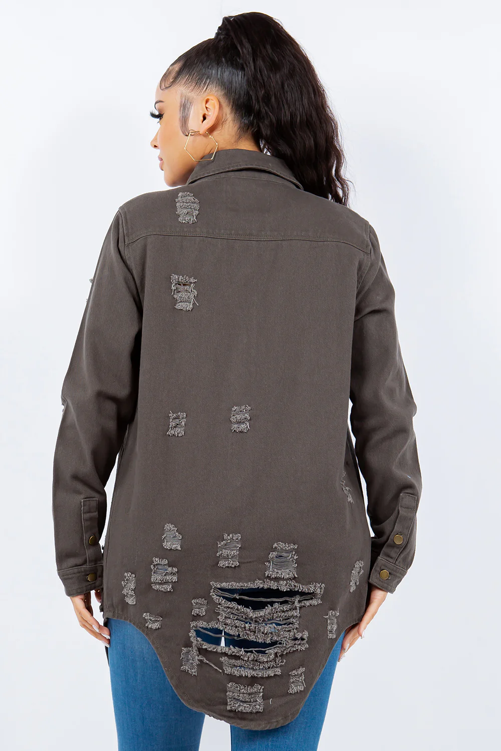 American Bazi Distressed Button Up Long Sleeve Denim Jacket - Image 2
