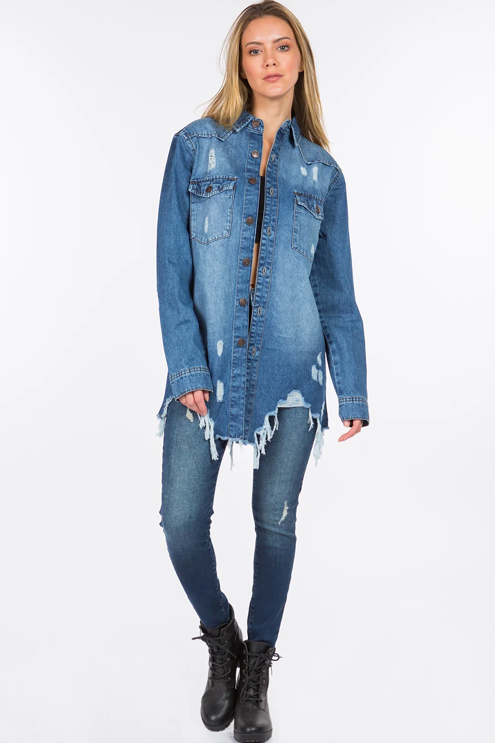 American Bazi Distressed Frayed Hem Denim Jacket - Image 4