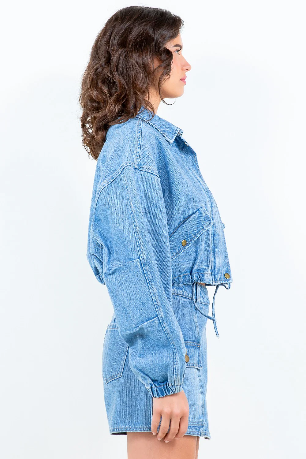 American Bazi Drawstring Waist Crop Denim Jacket - Image 3