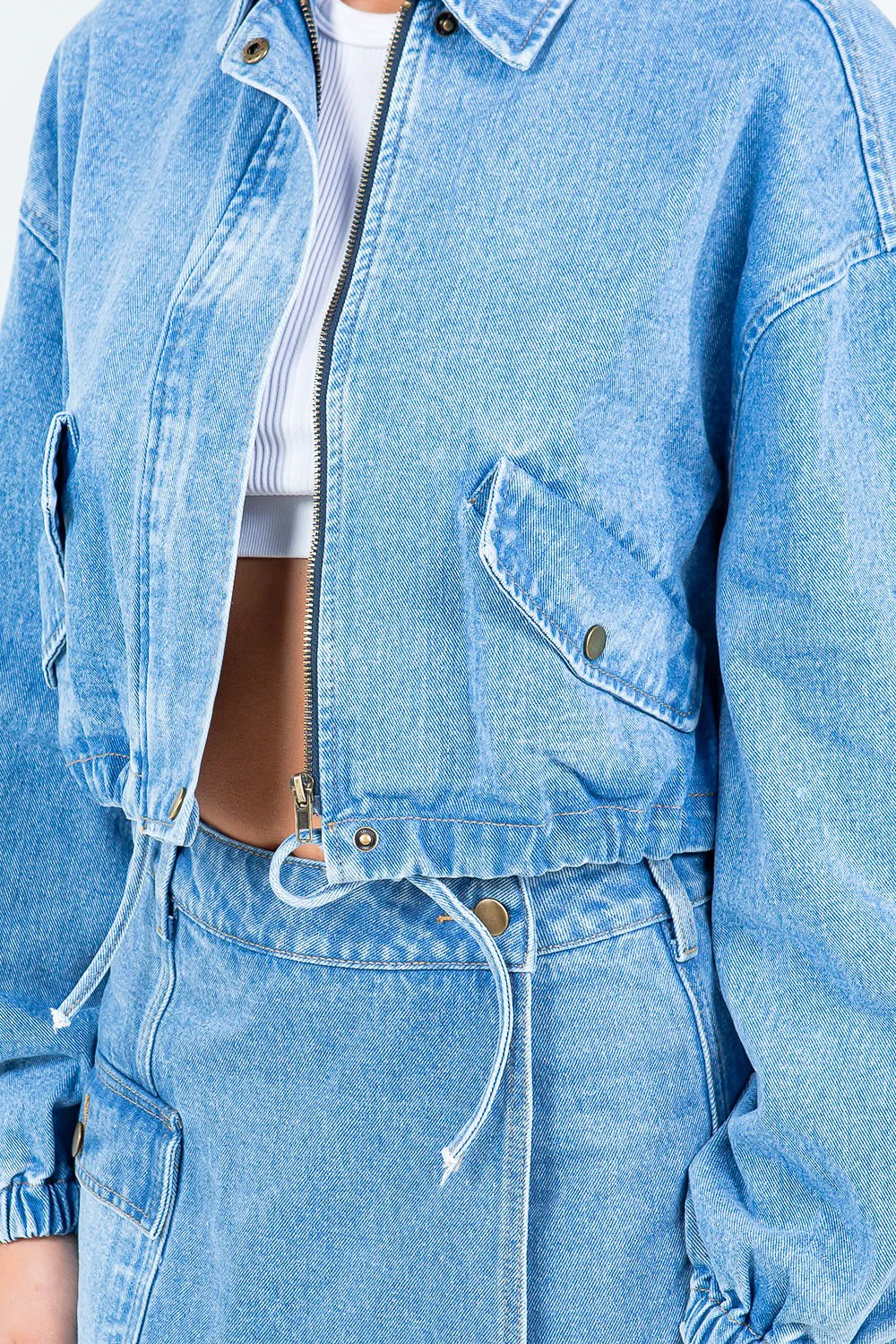 American Bazi Drawstring Waist Crop Denim Jacket - Image 4
