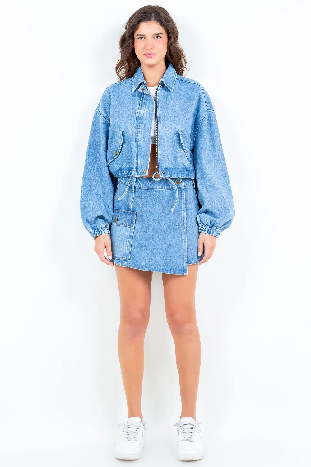 American Bazi Drawstring Waist Crop Denim Jacket - Image 5