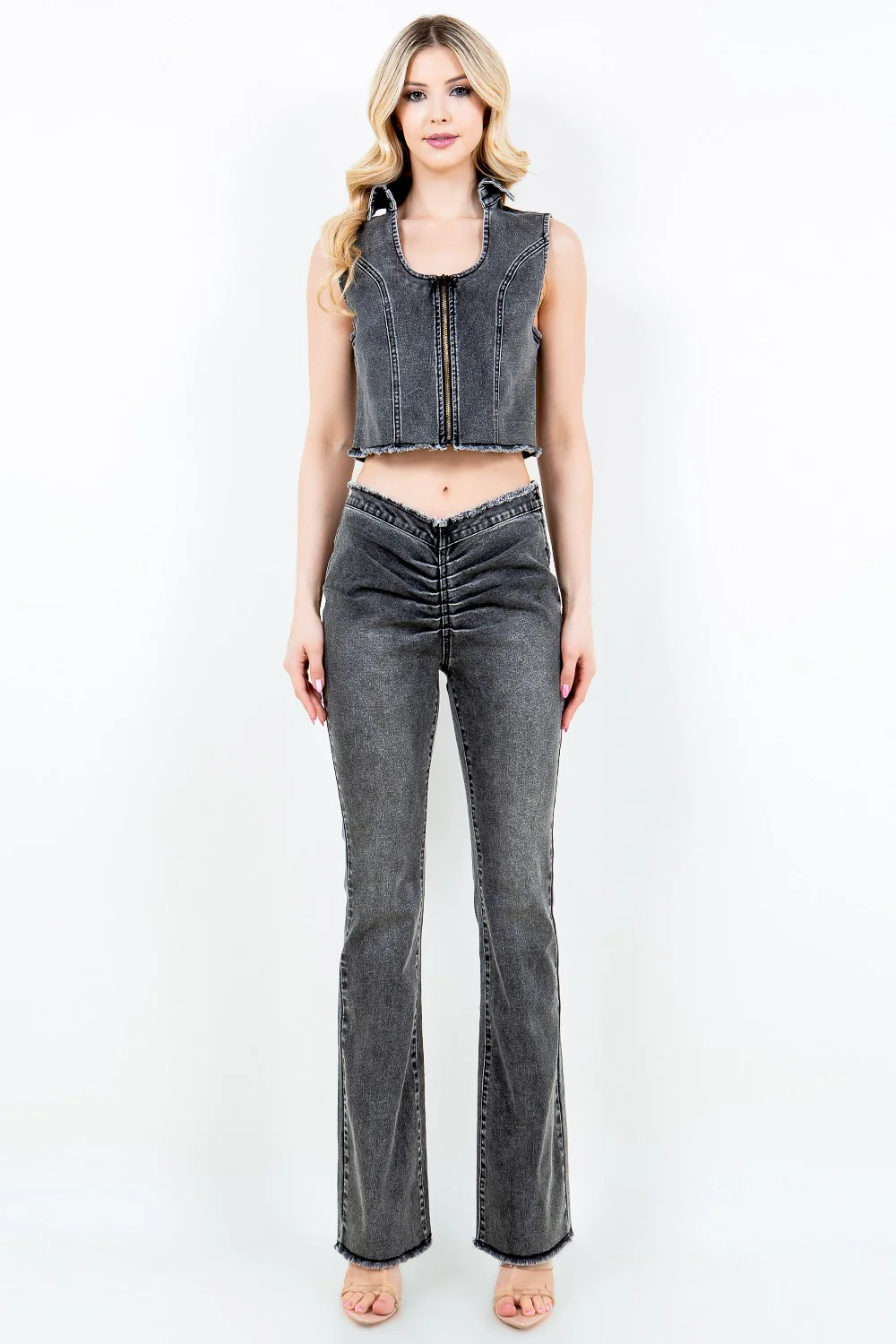 American Bazi Zip Up Washed Crop Denim Vest - Image 4