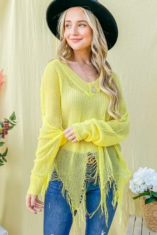 And The Why Distressed Mesh V Neck Spring Sweater Cover Up - Image 4