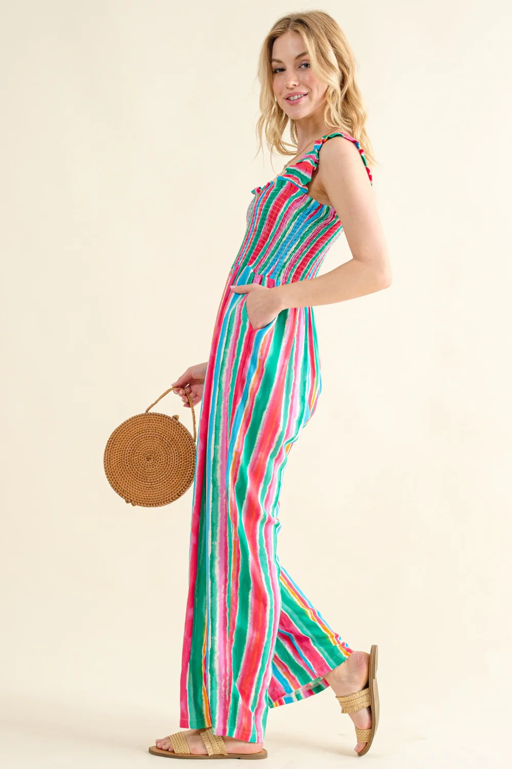 And The Why Full Size Striped Smocked Sleeveless Jumpsuit - Image 3