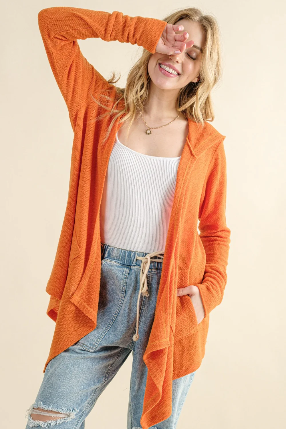 And The Why Full Size Thermal Hooded Open Front Cardigan with Pockets - Image 3