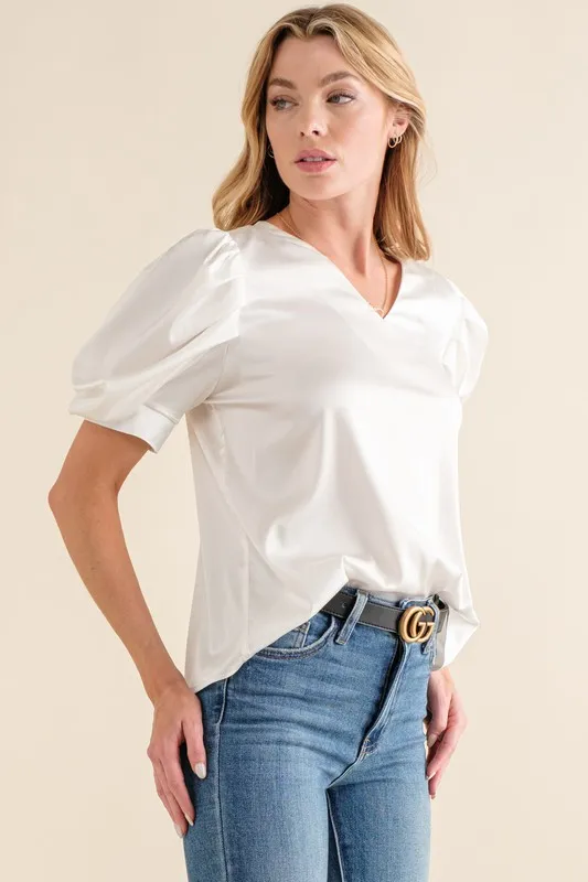 And The Why Plain Satin Puff Shirring V Neck Blouse Top - Image 2