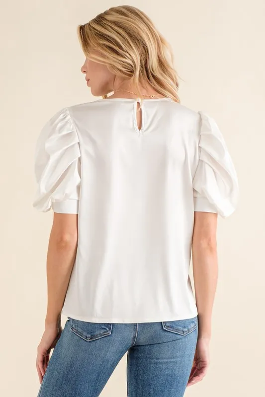 And The Why Plain Satin Puff Shirring V Neck Blouse Top - Image 3