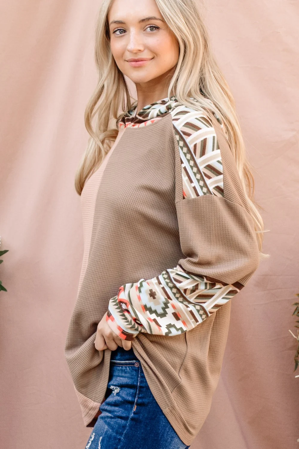 And The Why Printed Color Block Hooded Waffle Top - Image 4