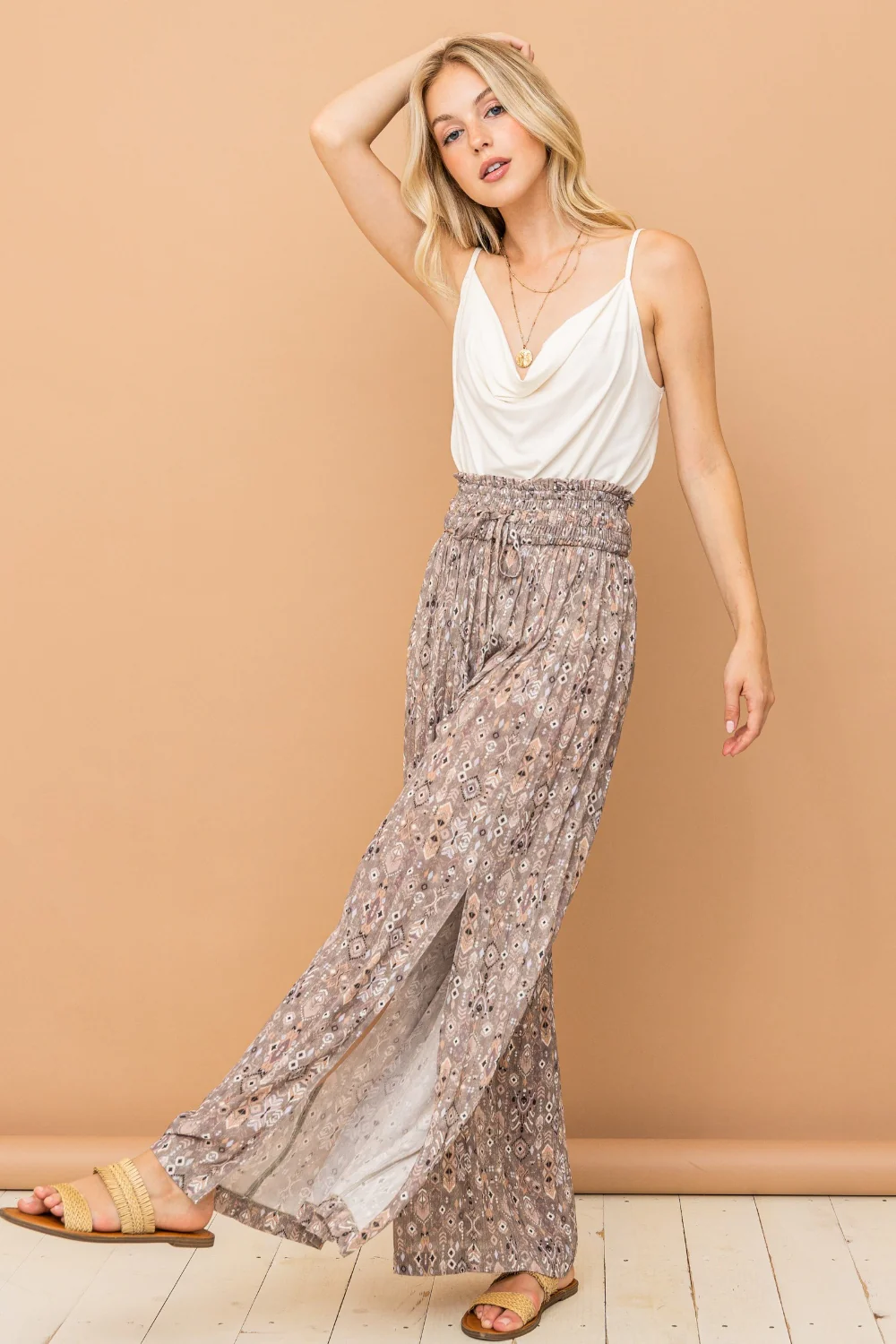 And The Why Printed Smocked Waist Slit Wide Leg Pants - Image 5
