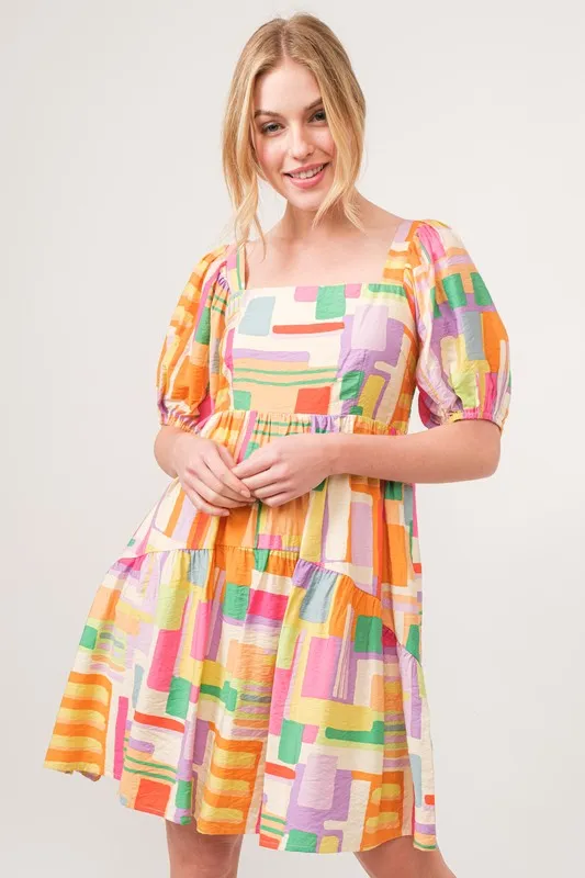 And The Why Square Neck Puff Sleeve Geo Printed Mini Dress
