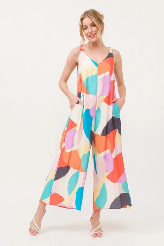 And The Why Tied Shoulder Straps Wide-Leg Geo Print Jumpsuit - Image 2