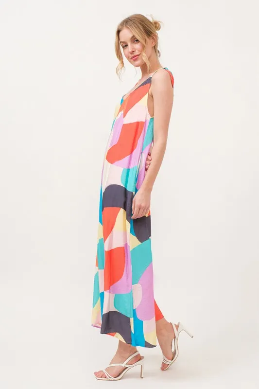 And The Why Tied Shoulder Straps Wide-Leg Geo Print Jumpsuit - Image 3