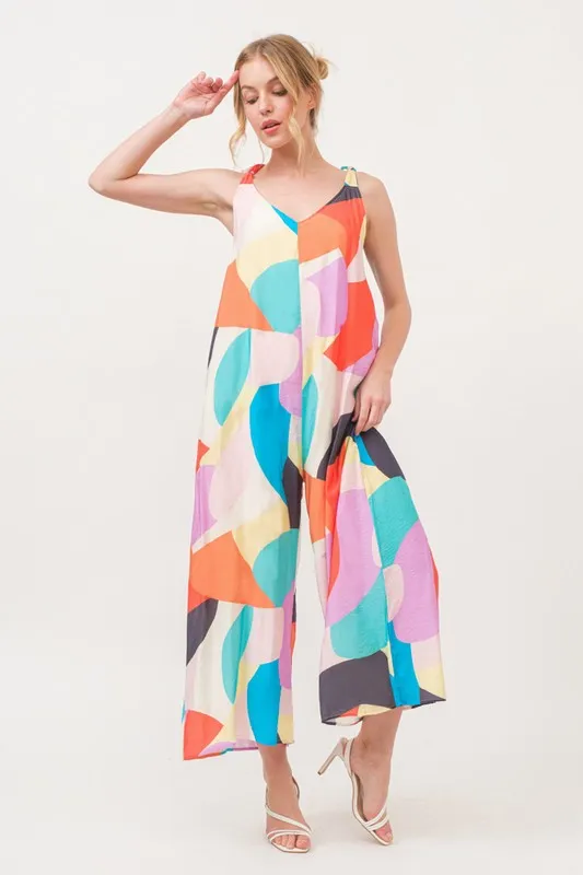 And The Why Tied Shoulder Straps Wide-Leg Geo Print Jumpsuit - Image 8