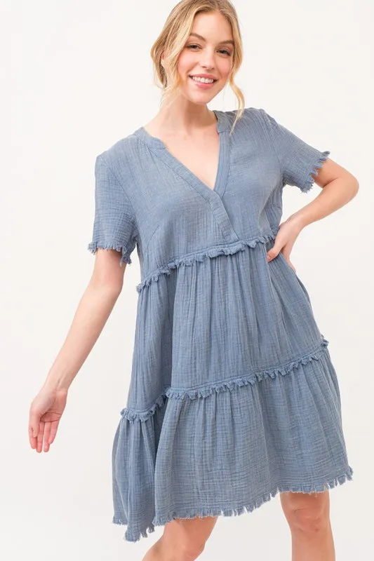 And The Why Washed Frayed Detail Tiered Dress - Image 2