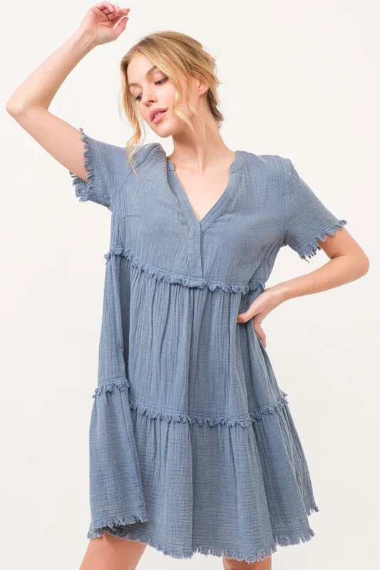 And The Why Washed Frayed Detail Tiered Dress - Image 3